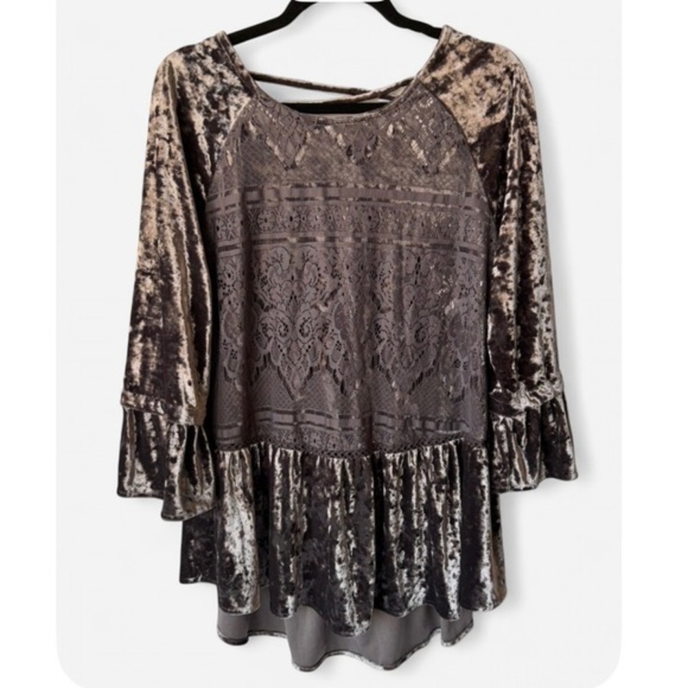 Easel Tunic Top Gray Crushed Velvet Lace Whimsygoth Holiday Ethereal Small